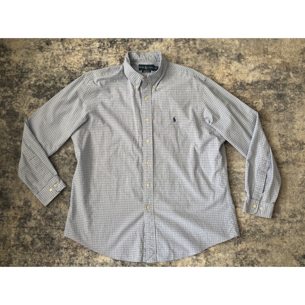 Ralph Lauren Shirt Mens Custom Fit 17 Gingham Check Button Down Long Sleeve Blue